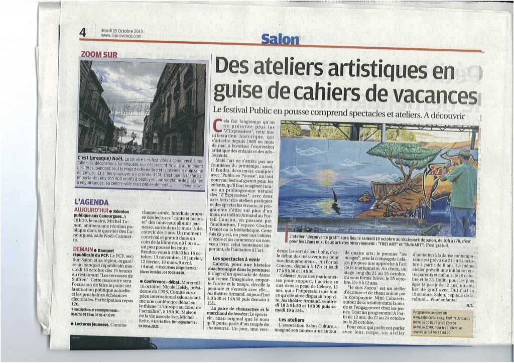 ARTICLE DE PRESSE LA PROVENCE DU 15 OCTOBRE FESTIVAL PUBLIC EN POUSSE